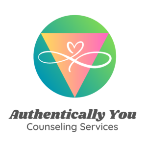 Logo with triangle in the back ground and soft rainbow colors featuring an infinity symbol and heart.
